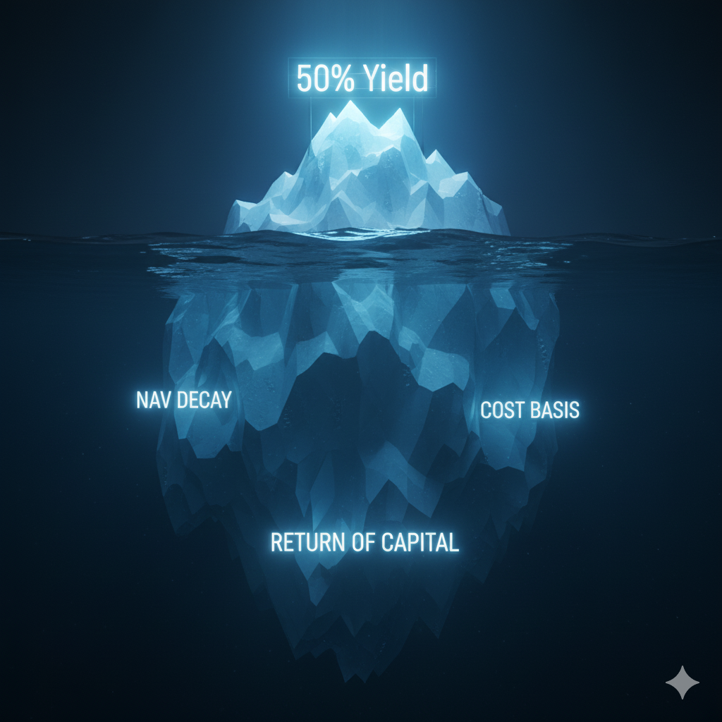 Blog Post Image showing how high yield only shows you the surface of an iceberg with cost basis, nav erosion, and return of capital under the surface.